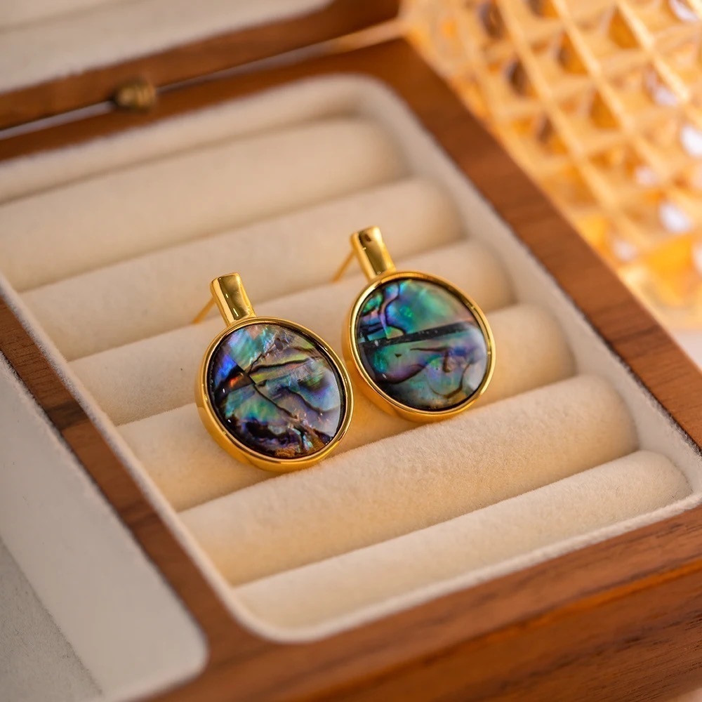 18k Gold Plated Round Abalone Shell Stud Earrings